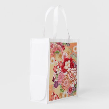 Japanese Kimono Textile  Flower Grocery Bag by Wagaraya at Zazzle