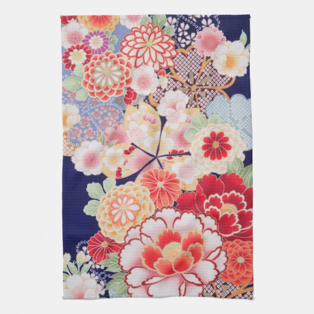 Japanese KIMONO Textile, Flower Kitchen Towel (Vertical)