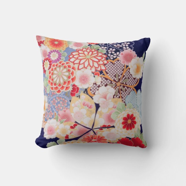 Japanese KIMONO Textile, Flower Throw Pillow (Front)