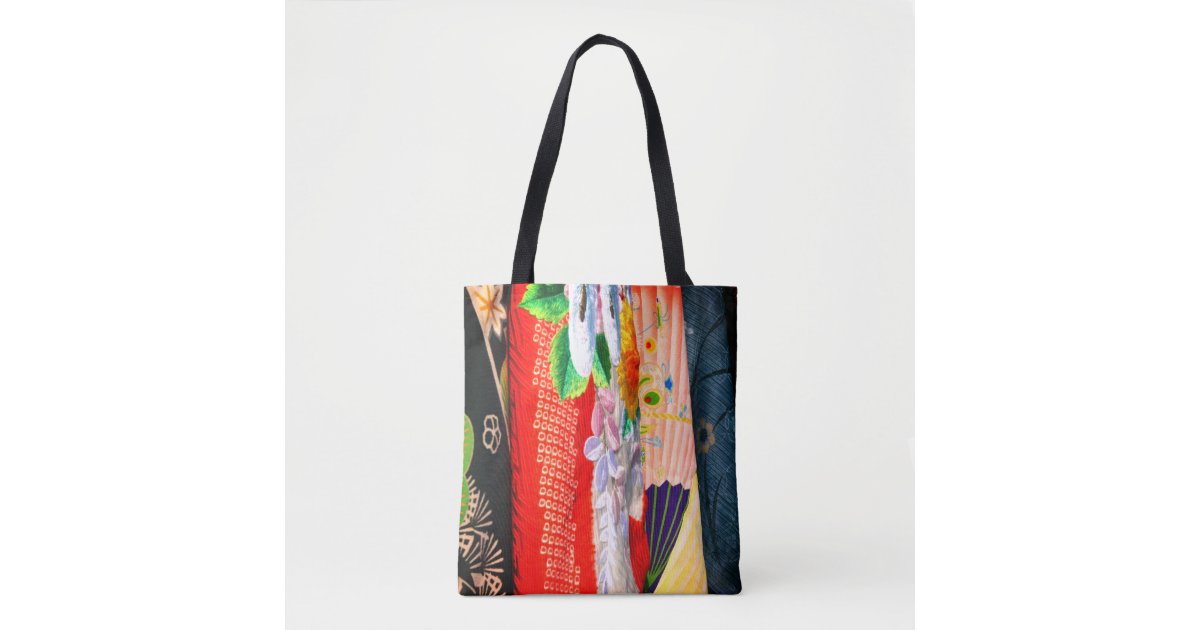 Wood Handle Kimono Tote Bag Rainbow Flower Orange