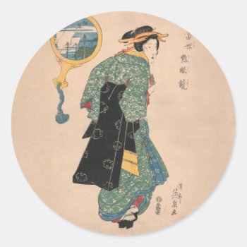 Japanese Kimono Woman Courtesan Artwork Classic Round Sticker by antiqueart at Zazzle