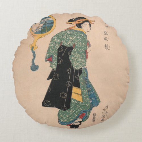 Japanese Kimono Woman Courtesan Artwork Round Pillow