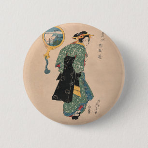 Japanese Kimono Woman: Ukiyo-e Woodblock Print  Button