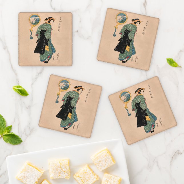 Japanese Kimono Woman: Ukiyo-e Woodblock Print  Coaster Set (In Situ)