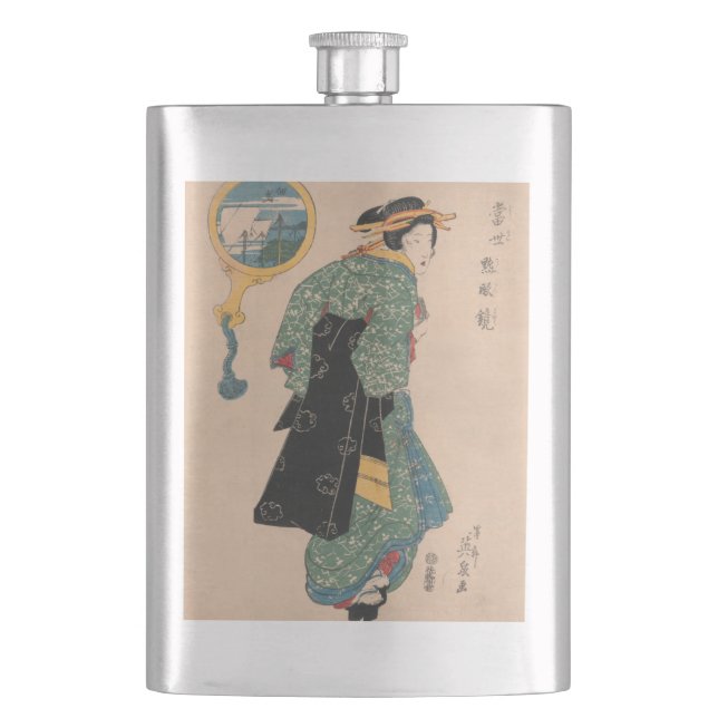 Japanese Kimono Woman: Ukiyo-e Woodblock Print  Flask (Front)