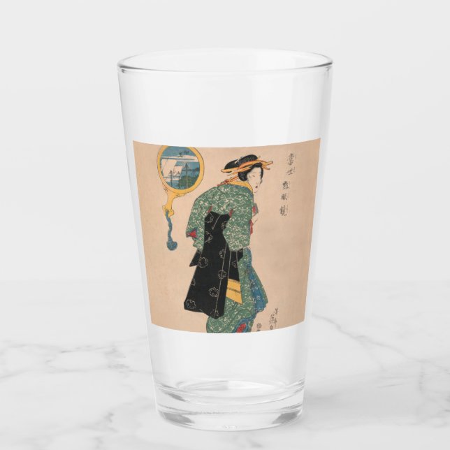 Japanese Kimono Woman: Ukiyo-e Woodblock Print  Glass (Front)