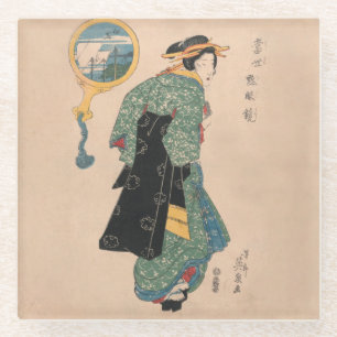 Japanese Kimono Woman: Ukiyo-e Woodblock Print Glass Coaster