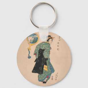 Japanese Kimono Woman: Ukiyo-e Woodblock Print  Keychain