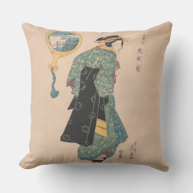 Japanese Kimono Woman: Ukiyo-e Woodblock Print  Outdoor Pillow (Front)