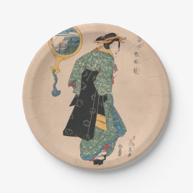 Japanese Kimono Woman: Ukiyo-e Woodblock Print  Paper Plates (Front)