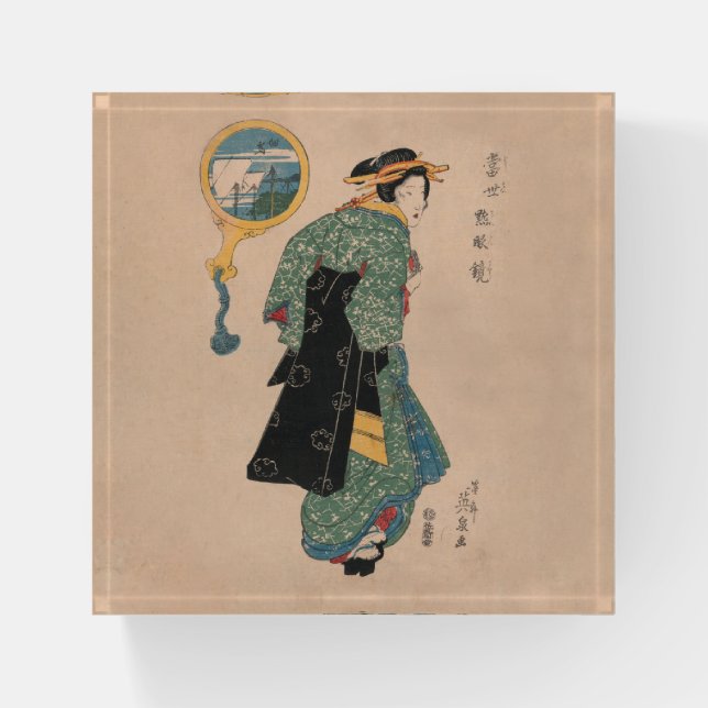 Japanese Kimono Woman: Ukiyo-e Woodblock Print  Paperweight (Front)