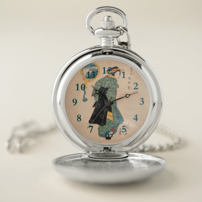 Japanese Kimono Woman: Ukiyo-e Woodblock Print  Pocket Watch (Inside)