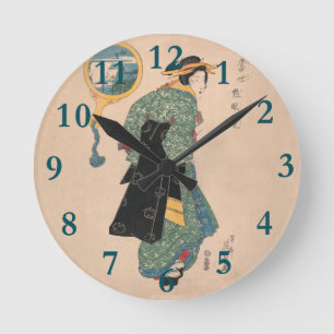 Japanese Kimono Woman: Ukiyo-e Woodblock Print  Round Clock