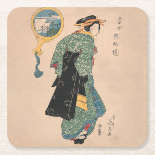 Japanese Kimono Woman: Ukiyo-e Woodblock Print Square Paper Coaster