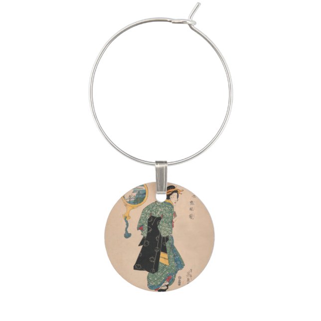 Japanese Kimono Woman: Ukiyo-e Woodblock Print  Wine Charm (Front)