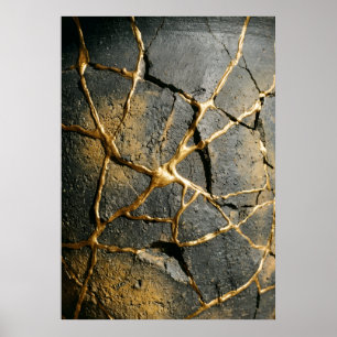 Japanese Kintsugi Gold Cracked Stone Abstract Art  Poster
