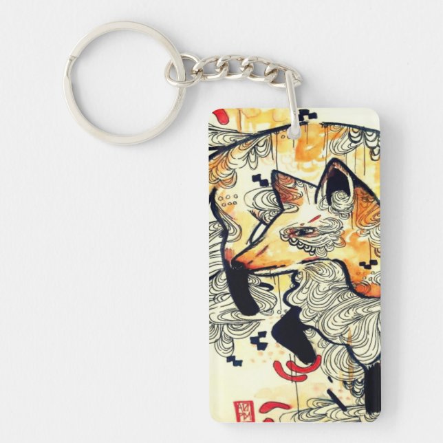 Japanese kitsune fox drawing, orange fox art keychain (Front)