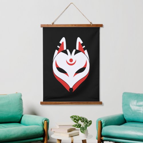 Japanese Kitsune Fox Mask on Black Hanging Tapestry