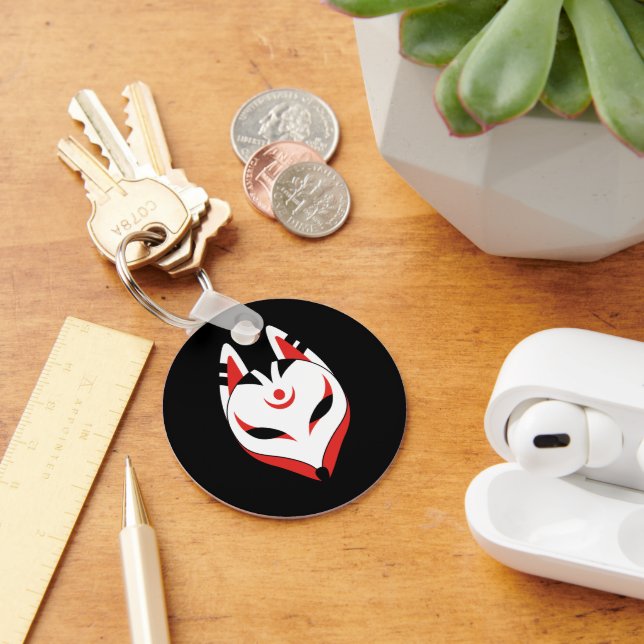 Japanese Kitsune Fox Mask on Black Keychain (Desk)