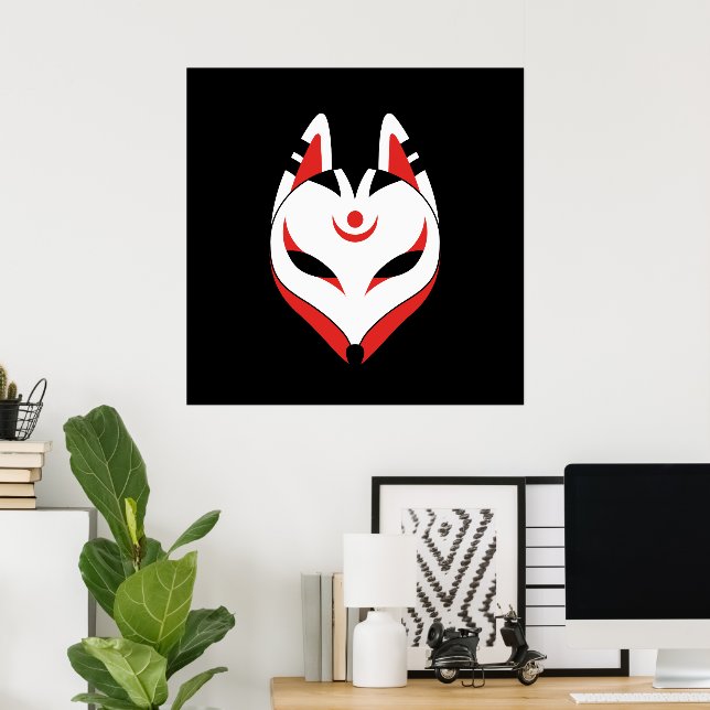 Japanese Kitsune Fox Mask on Black Poster (Home Office)