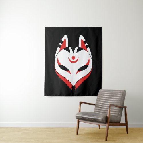 Japanese Kitsune Fox Mask on Black Tapestry