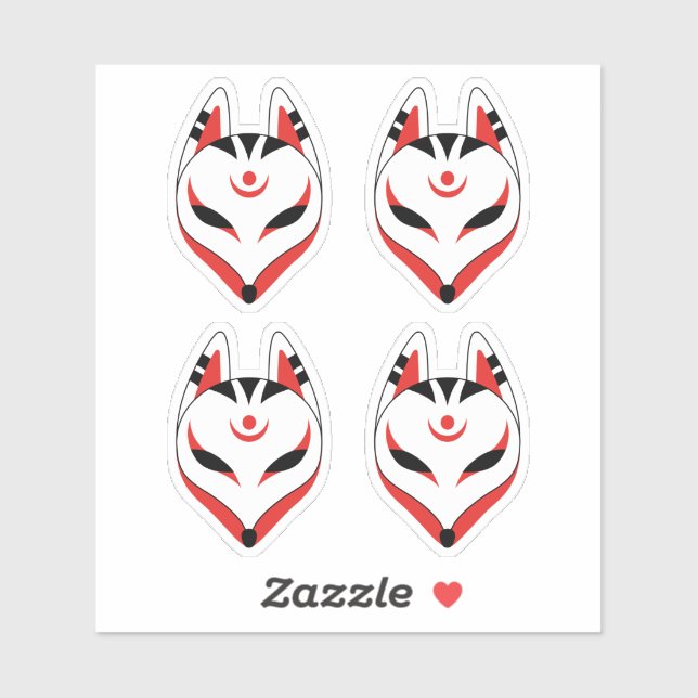 Japanese Kitsune Fox Mask, Set of 4 Sticker (Sheet)