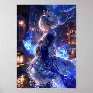 Japanese Kitsune Guardian of the Sacred Blue Poster