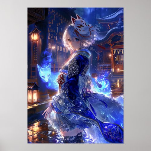 Japanese Kitsune Guardian of the Sacred Blue Poster