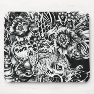Japanese koi and lotus flowers tattoo style art mouse pad
