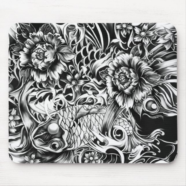 Japanese koi and lotus flowers tattoo style art mouse pad (Front)
