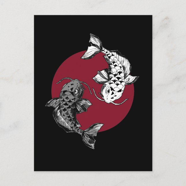 Japanese Koi Carp Circle Black Postcard (Front)