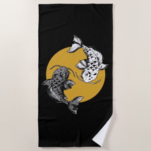 Japanese Koi Carp Circle Golden Beach Towel