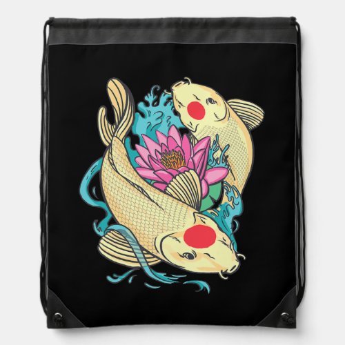 Japanese Koi Carp Nishikigoi Fish Lotus Flower  Drawstring Bag