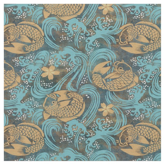 Japanese Koi Carp Teal Fabric (Close Up)