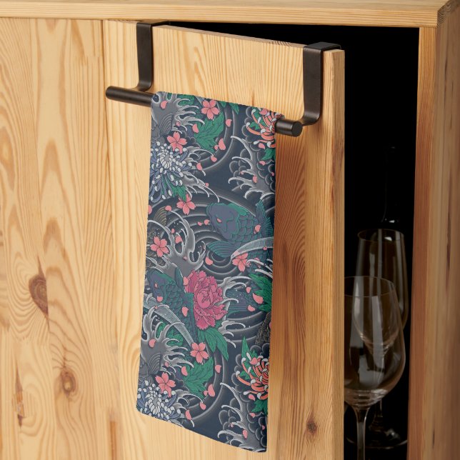 Japanese Koi & Chrysanthemums Kitchen Towel (Thirds Fold)