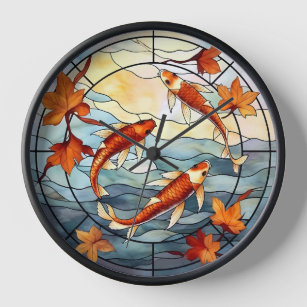 Japanese Koi Fish and Autumn Leaves Clock