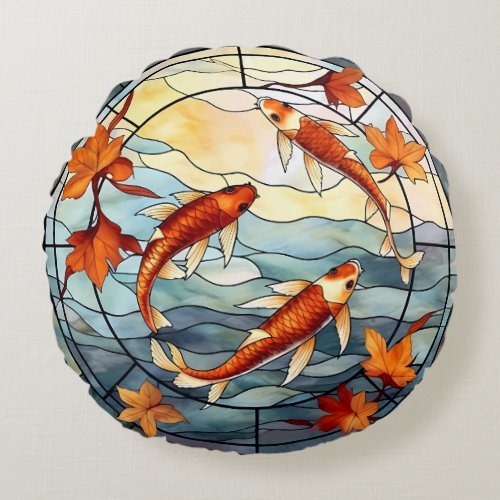 Japanese Koi Fish and Autumn Leaves Round Pillow