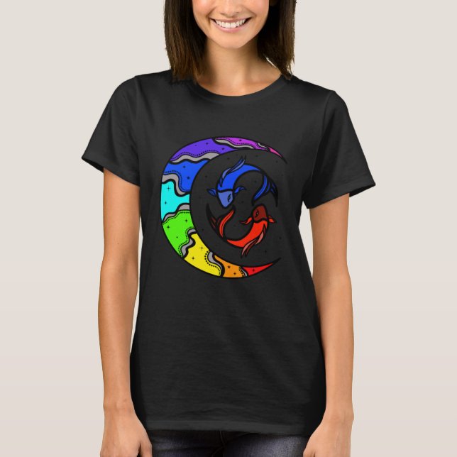 Japanese Koi Fish and Crescent Moon With Rainbow C T-Shirt (Front)