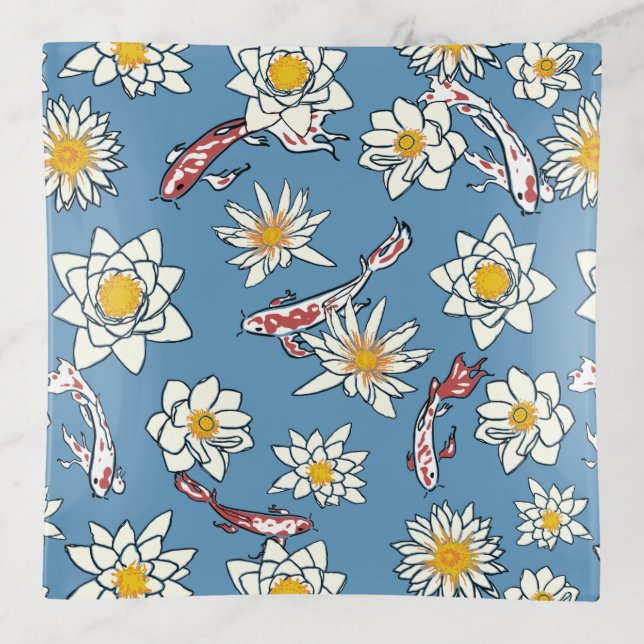 Japanese Koi Fish and Floral Pattern Trinket Tray (Front)
