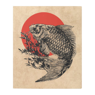 Japanese Koi Fish Art Wabi Sabi Red Sun Design