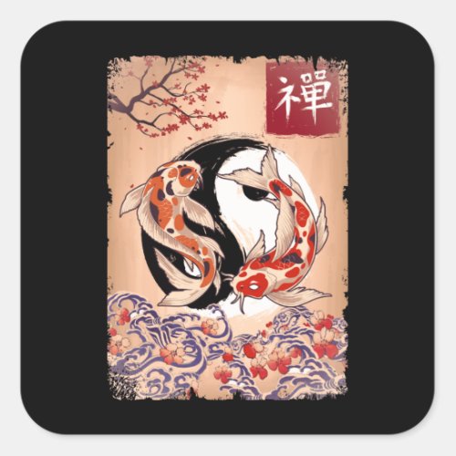 Japanese Koi Fish Cherry Blossom Carp Flower Square Sticker