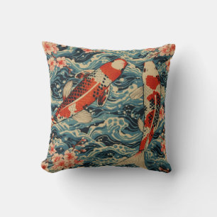 Japanese Koi Fish & Cherry Blossom— Ukiyo-e Wave  Throw Pillow