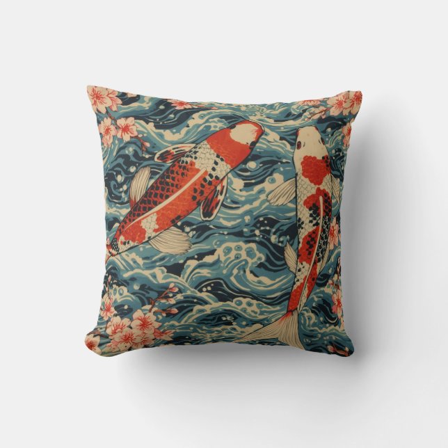 Japanese Koi Fish & Cherry Blossom— Ukiyo-e Wave  Throw Pillow (Front)