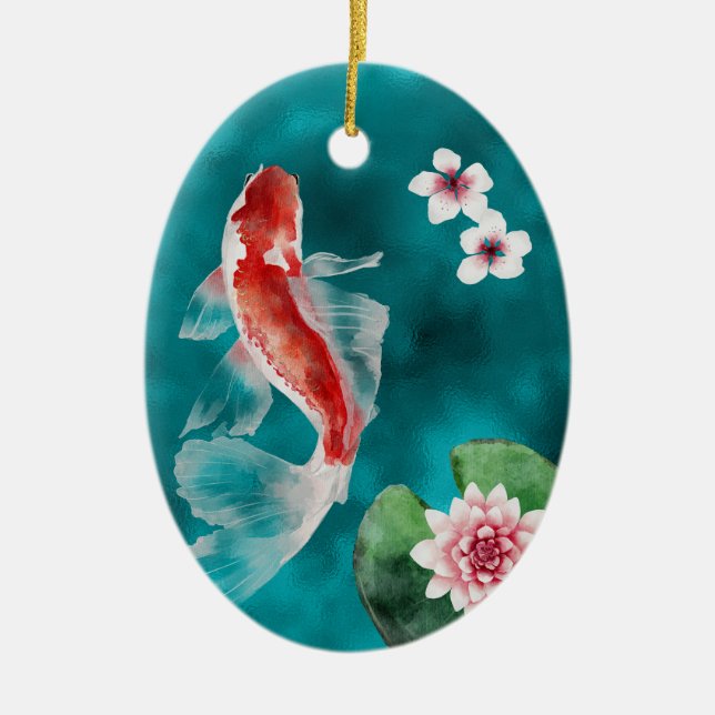 Japanese Koi Fish, Cherry Blossoms Japan Christmas Ceramic Ornament (Front)