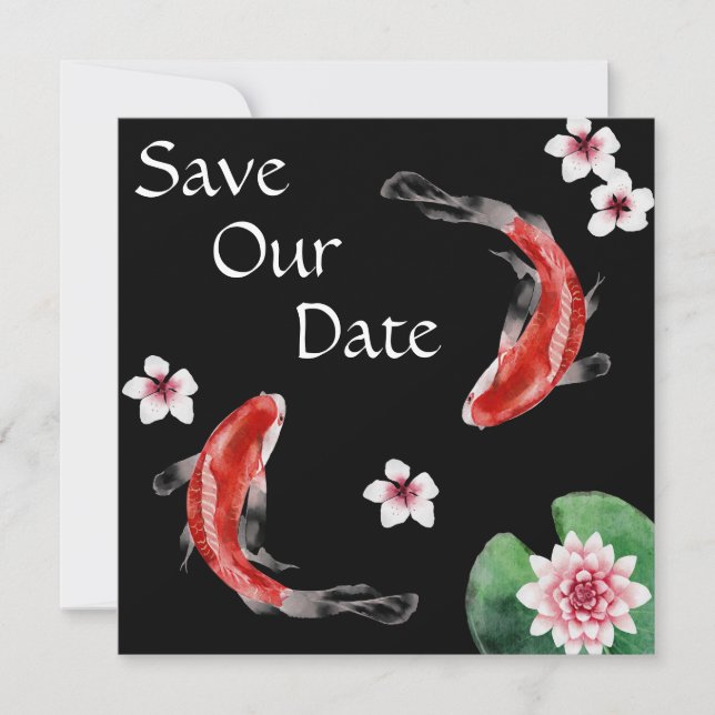 Japanese Koi Fish, Cherry Blossoms Wedding Save The Date (Front)