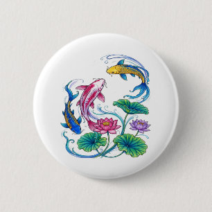 Japanese Koi Fish Lotus Mandala Traditional Style Button