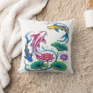 Japanese Koi Fish Lotus Mandala Traditional Style Throw Pillow