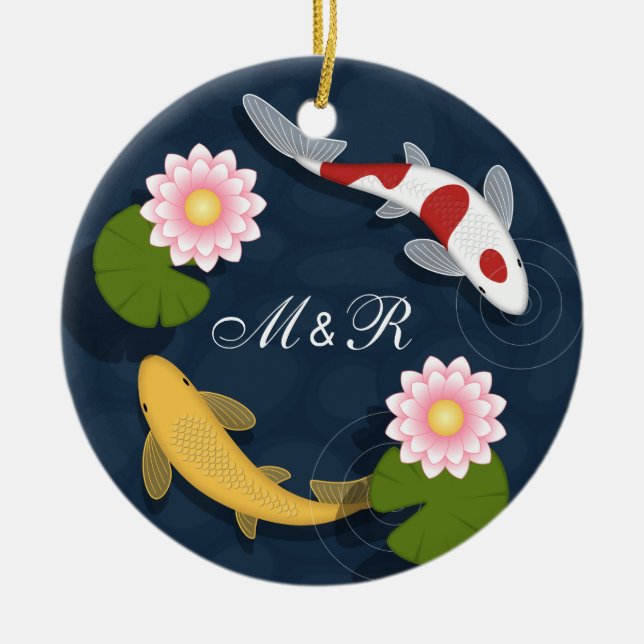 Japanese Koi Fish Monogram Initials Ceramic Ornament (Front)