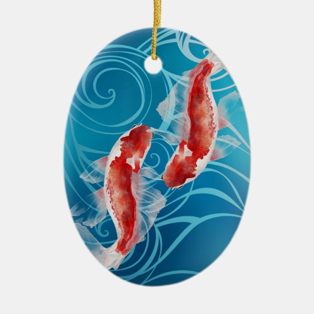 Japanese Koi Fish Oriental Waves Couples Christmas Ceramic Ornament (Front)