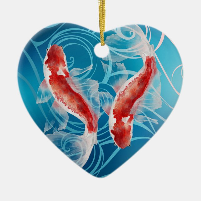 Japanese Koi Fish Oriental Waves Couples Christmas Ceramic Ornament (Front)